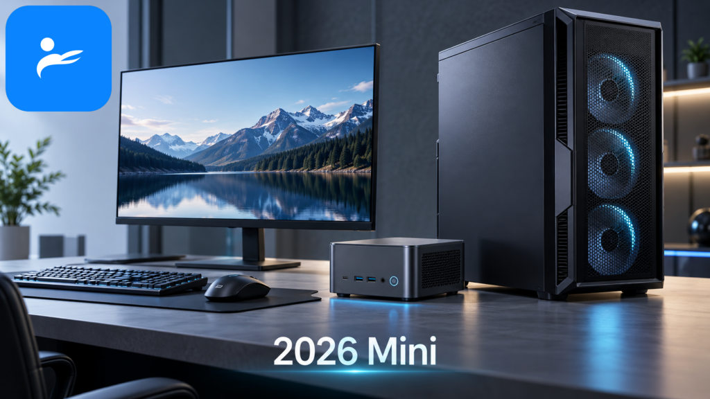 Mini PC 與標準塔式桌機並排比較體積,旁邊放置螢幕、鍵盤與滑鼠