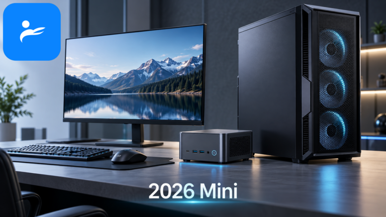 Mini PC 與標準塔式桌機並排比較體積，旁邊放置螢幕、鍵盤與滑鼠