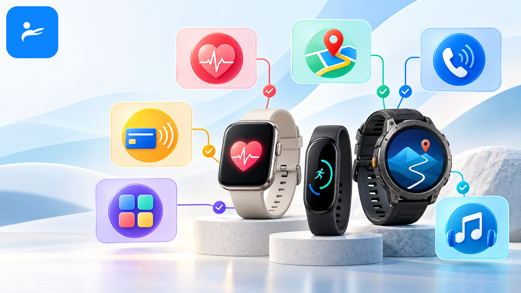穿戴裝置功能比較資訊圖,呈現健康監測、GPS、通話、支付、App與音樂圖示