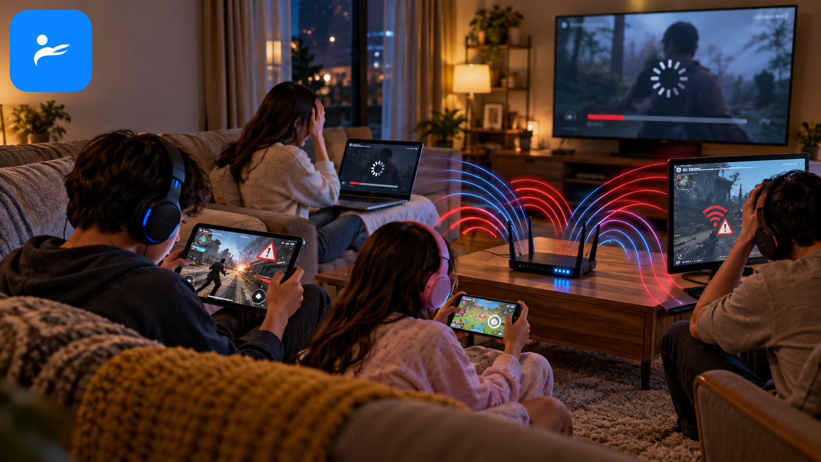 家中多人同時看影片與玩遊戲造成 Wi-Fi 壅塞,畫面出現延遲警告