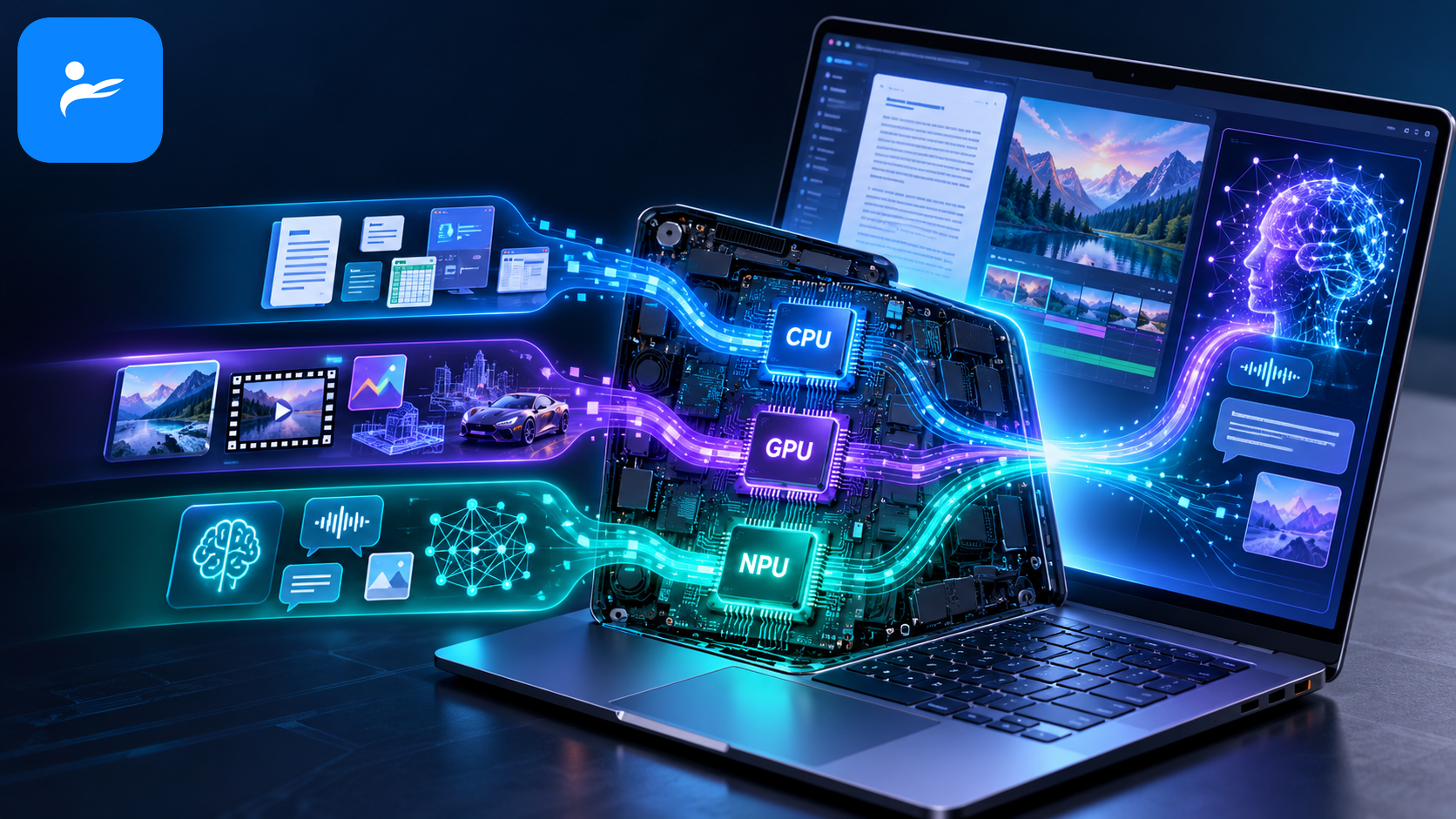 筆電內CPU、GPU與NPU分工處理文字、影像與AI任務的示意圖