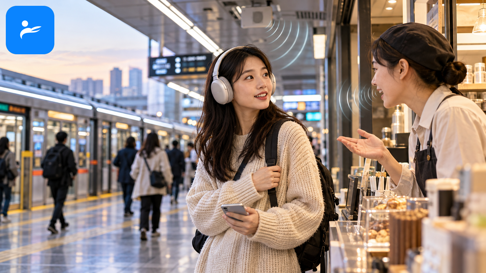 戴著耳機的通勤族開啟通透模式,清楚聽見店員與月台廣播