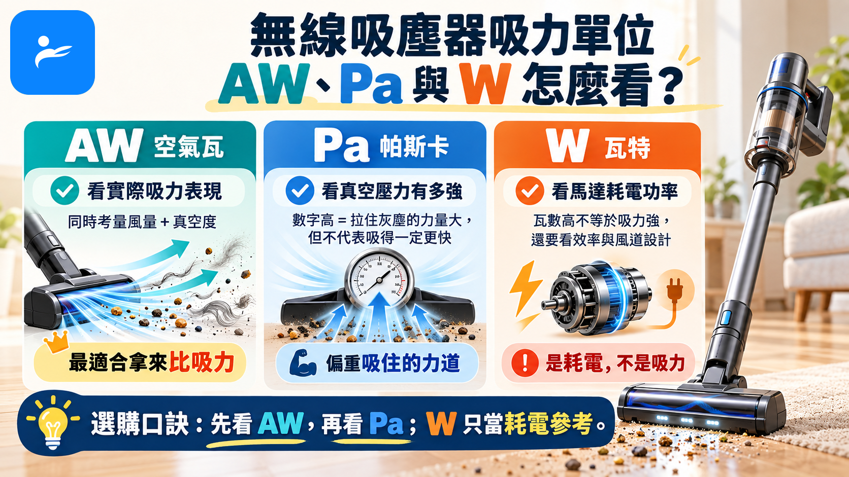 無線吸塵器吸力單位 AW、Pa 與 W 的白話比較資訊圖