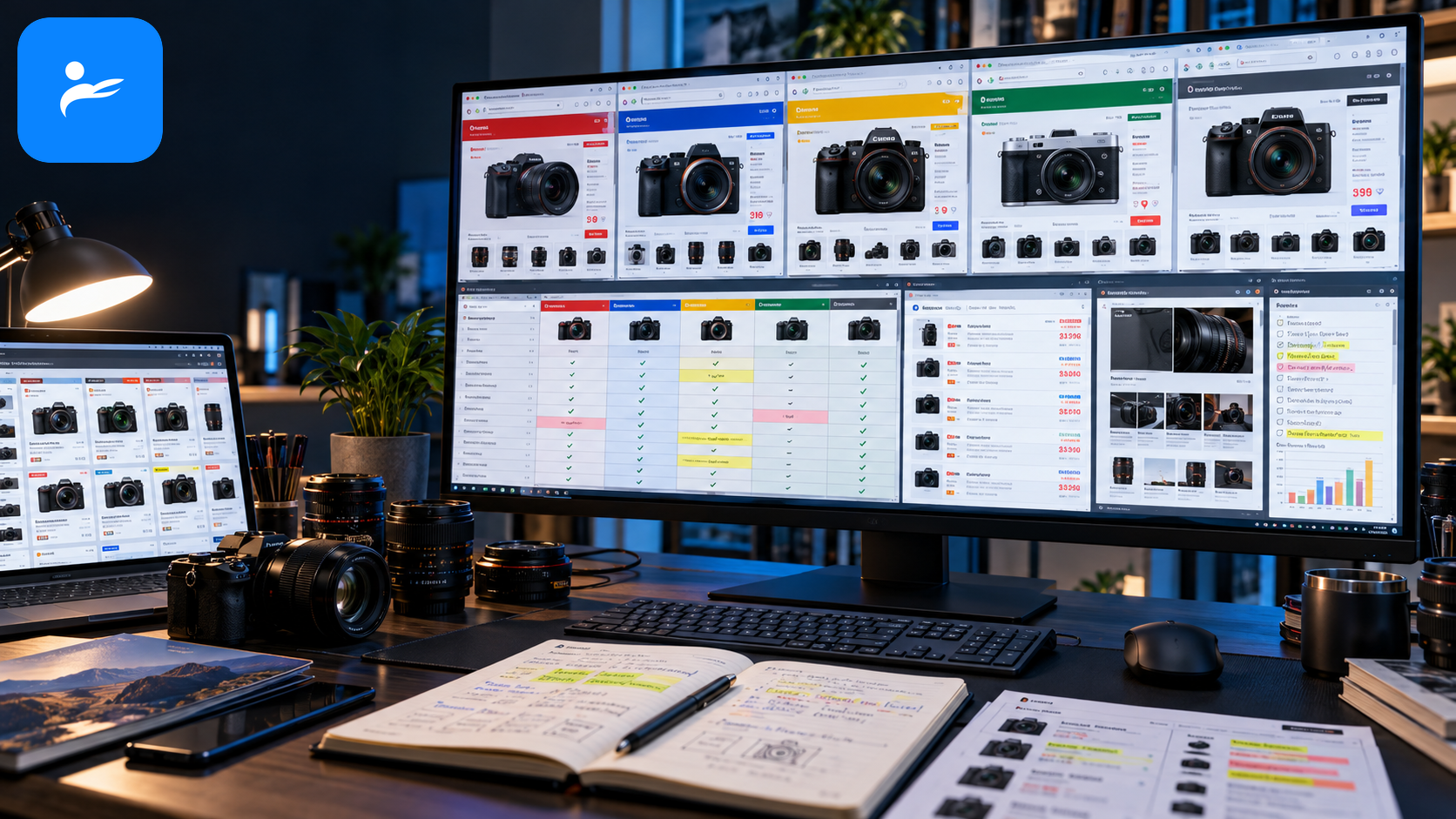 Canon、Sony、Nikon、Fujifilm與Panasonic官方資料及台灣電商價格頁面組成的資料查核畫面