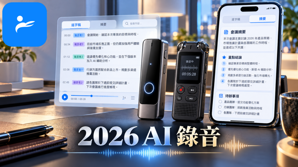 AI 錄音筆、傳統錄音筆與手機放在桌面上,旁邊顯示逐字稿與會議摘要畫面