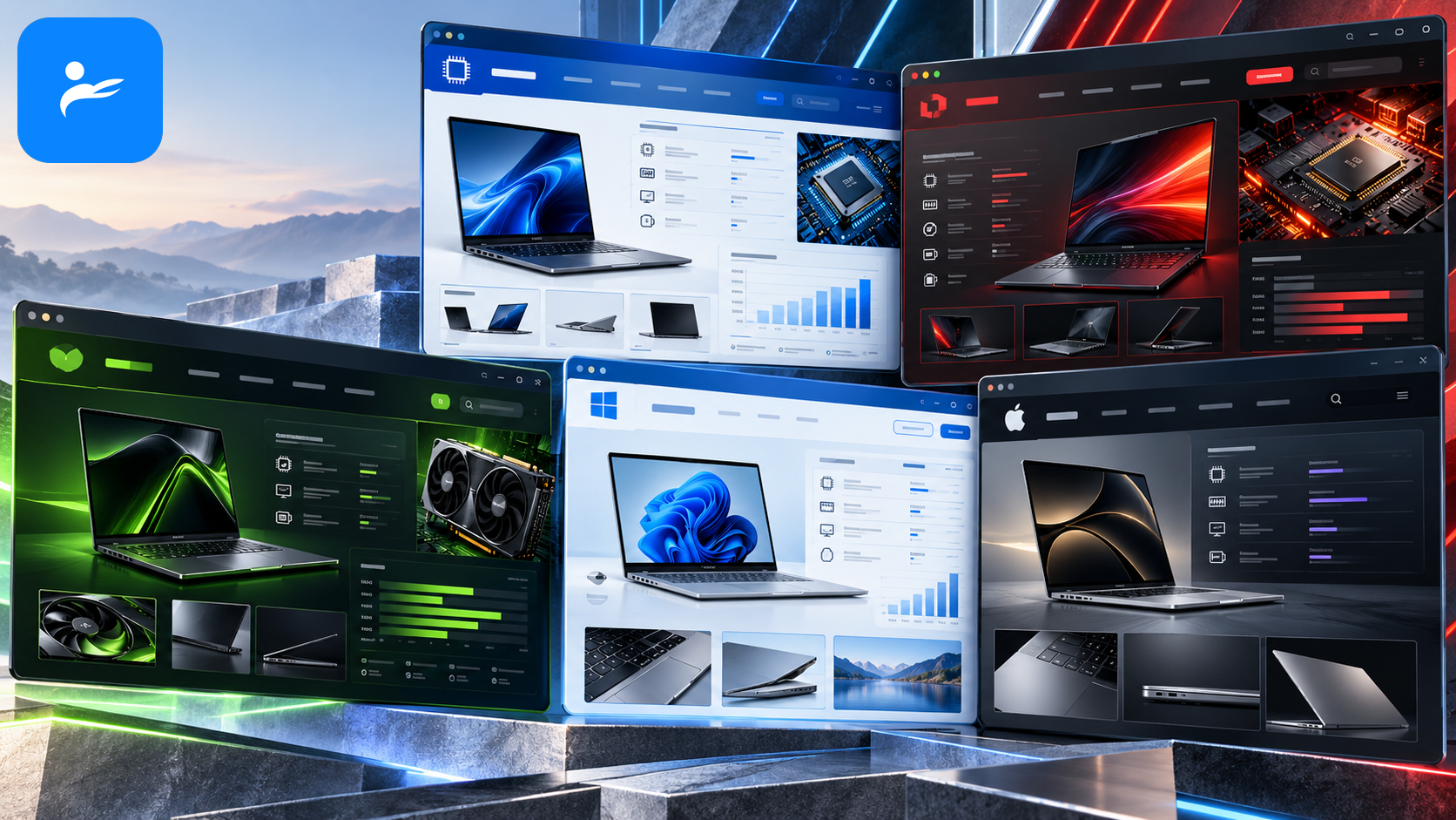 Intel、AMD、NVIDIA、Microsoft與Apple官方筆電規格資料頁面拼圖