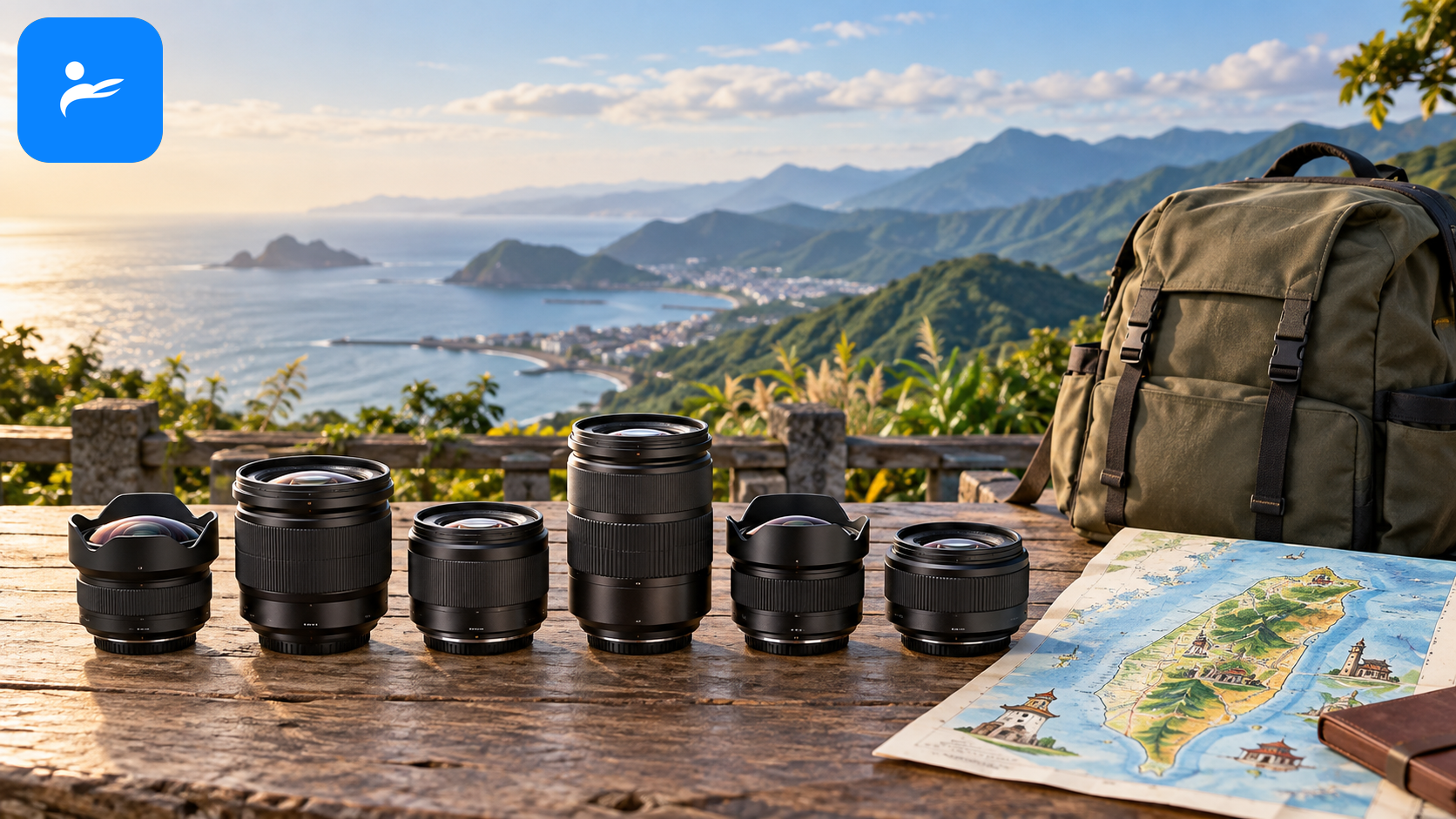 六款不同接環旅遊鏡頭排成一列，旁邊放置台灣旅行地圖與相機背包