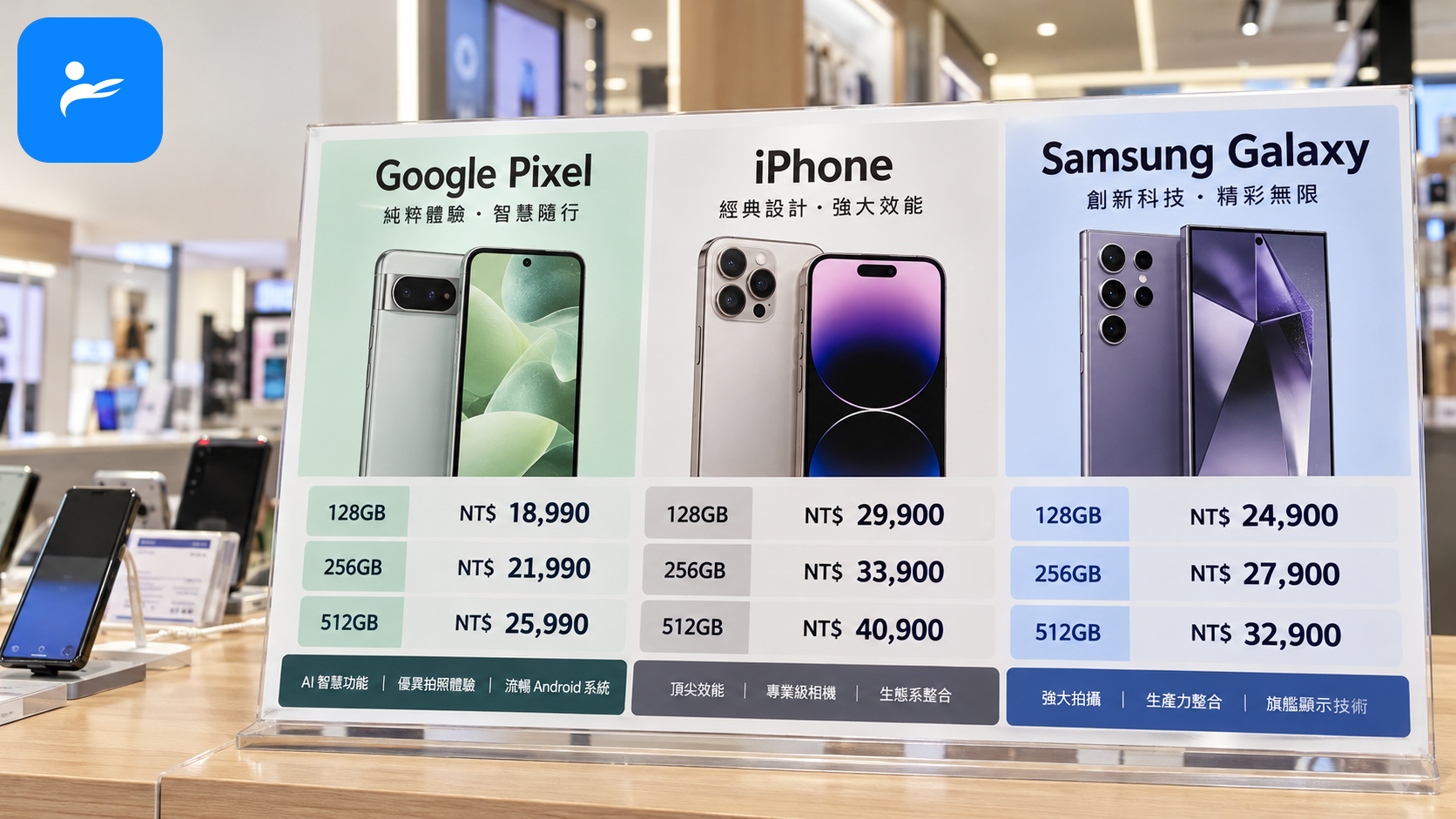 台灣手機門市價格牌,比較 Pixel、iPhone 與 Galaxy 不同容量的價差
