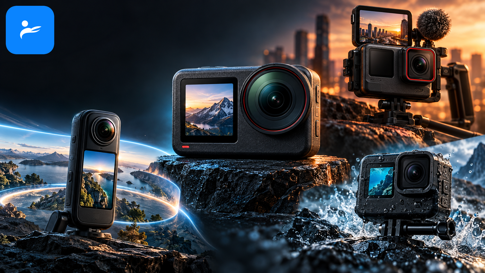DJI Osmo Action 6 位於中央,Ace Pro 2、GoPro HERO13 Black 與 Insta360 X6 依用途分列四周