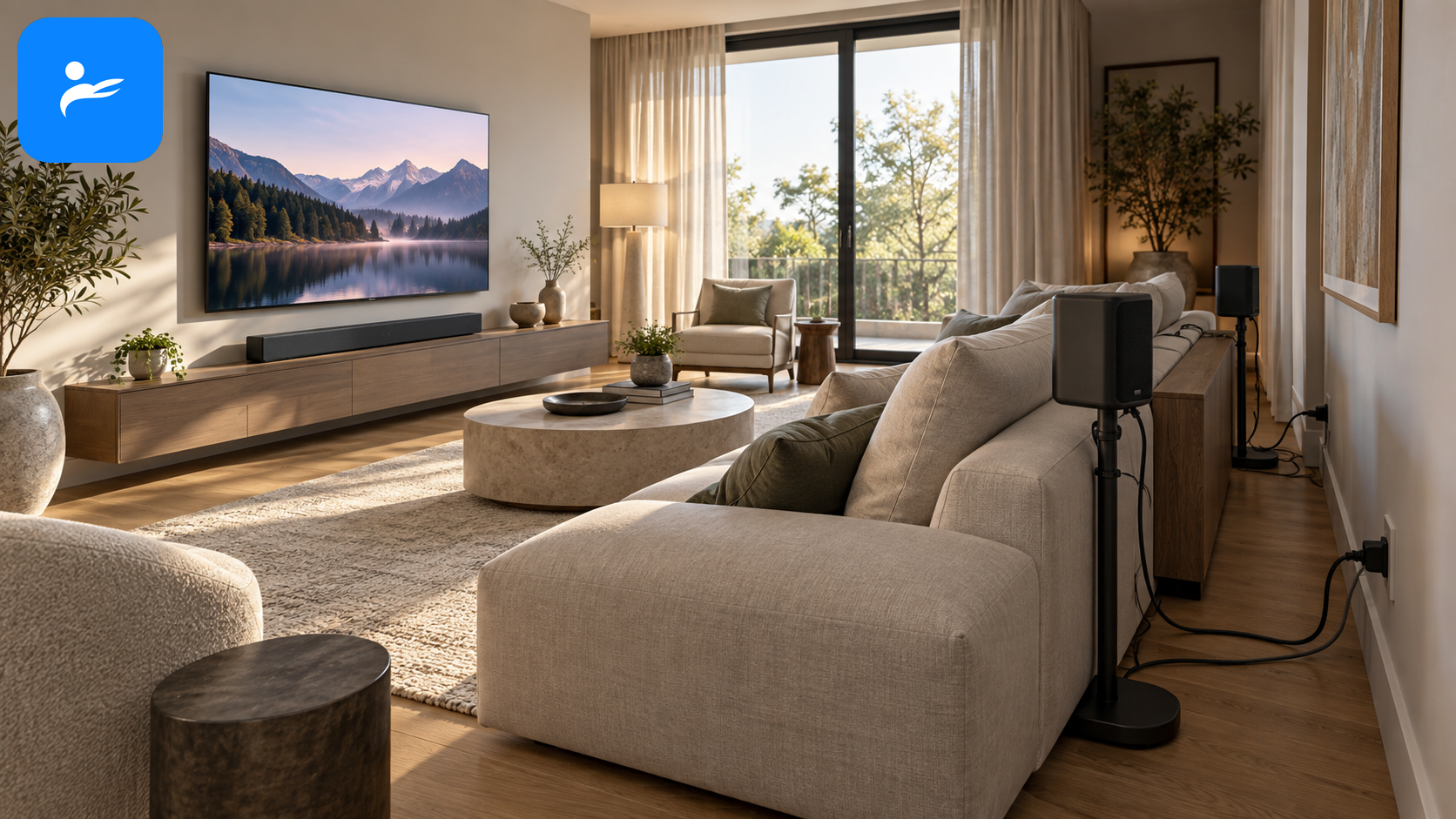 一邊是整潔簡約的 Soundbar 客廳,另一邊呈現後喇叭電源線與空間限制