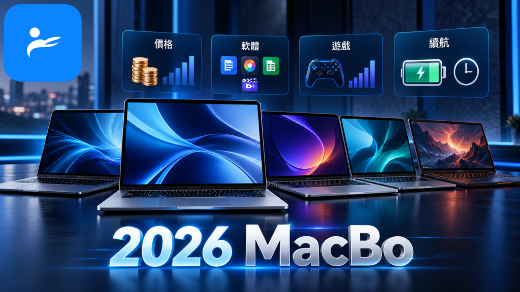 MacBook 與多款 Windows 筆電並排，畫面呈現價格、軟體、遊戲與續航四個比較重點