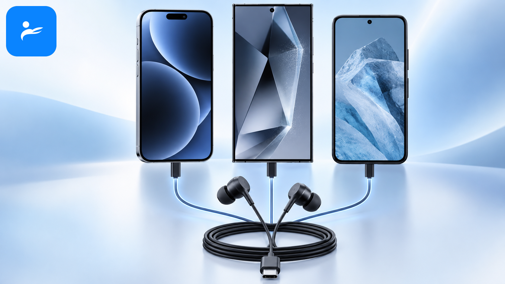 iPhone、Samsung Galaxy 與 Google Pixel 手機連接同一副數位 USB-C 耳機的相容性示意圖