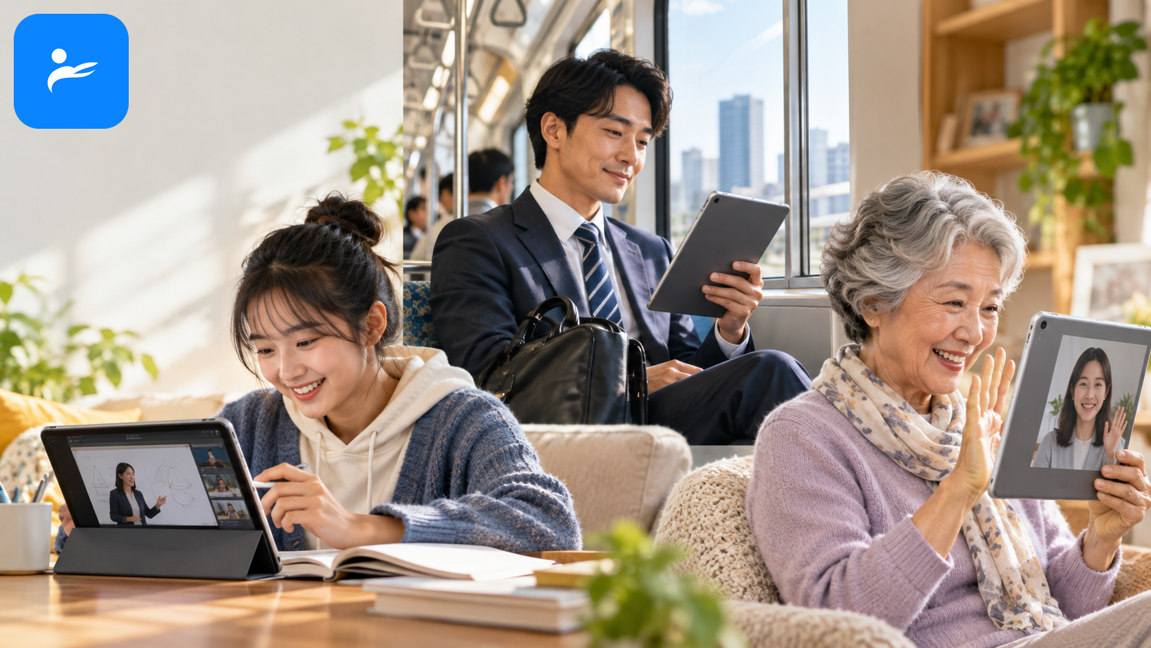 學生、通勤族與長輩分別使用平板看課程、讀電子書及視訊通話