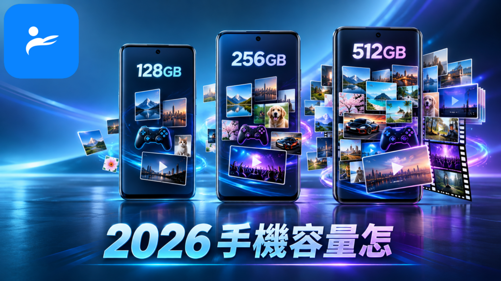 128GB、256GB、512GB 三支手機並排,搭配照片、遊戲與影片圖示比較容量需求