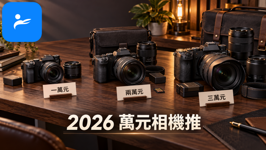 桌面擺放三組分別代表一萬元、兩萬元與三萬元預算的無反相機及鏡頭