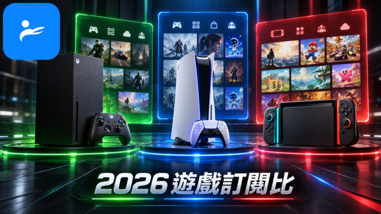 Xbox Series X、PlayStation 5與Nintendo Switch 2並排，畫面中央呈現三大遊戲訂閱服務比較