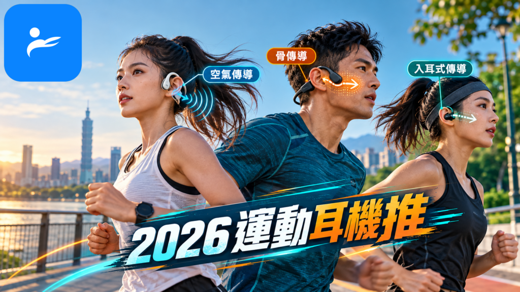 三名跑者分別佩戴開放式、骨傳導與入耳式運動耳機，旁邊標示聲音傳遞方式