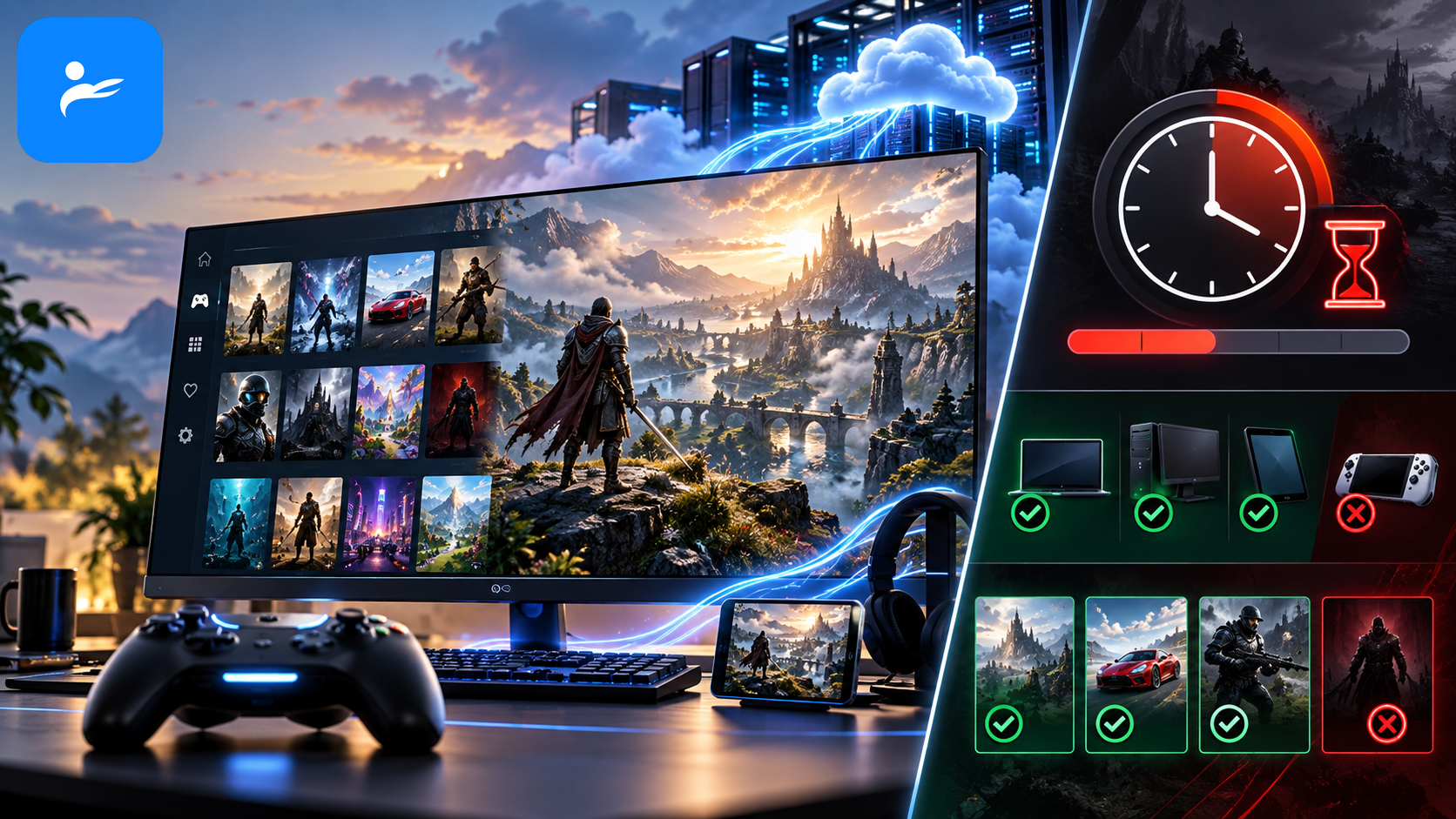 GeForce NOW 高畫質遊戲畫面與 Steam 遊戲庫,另一側顯示時數和相容性限制