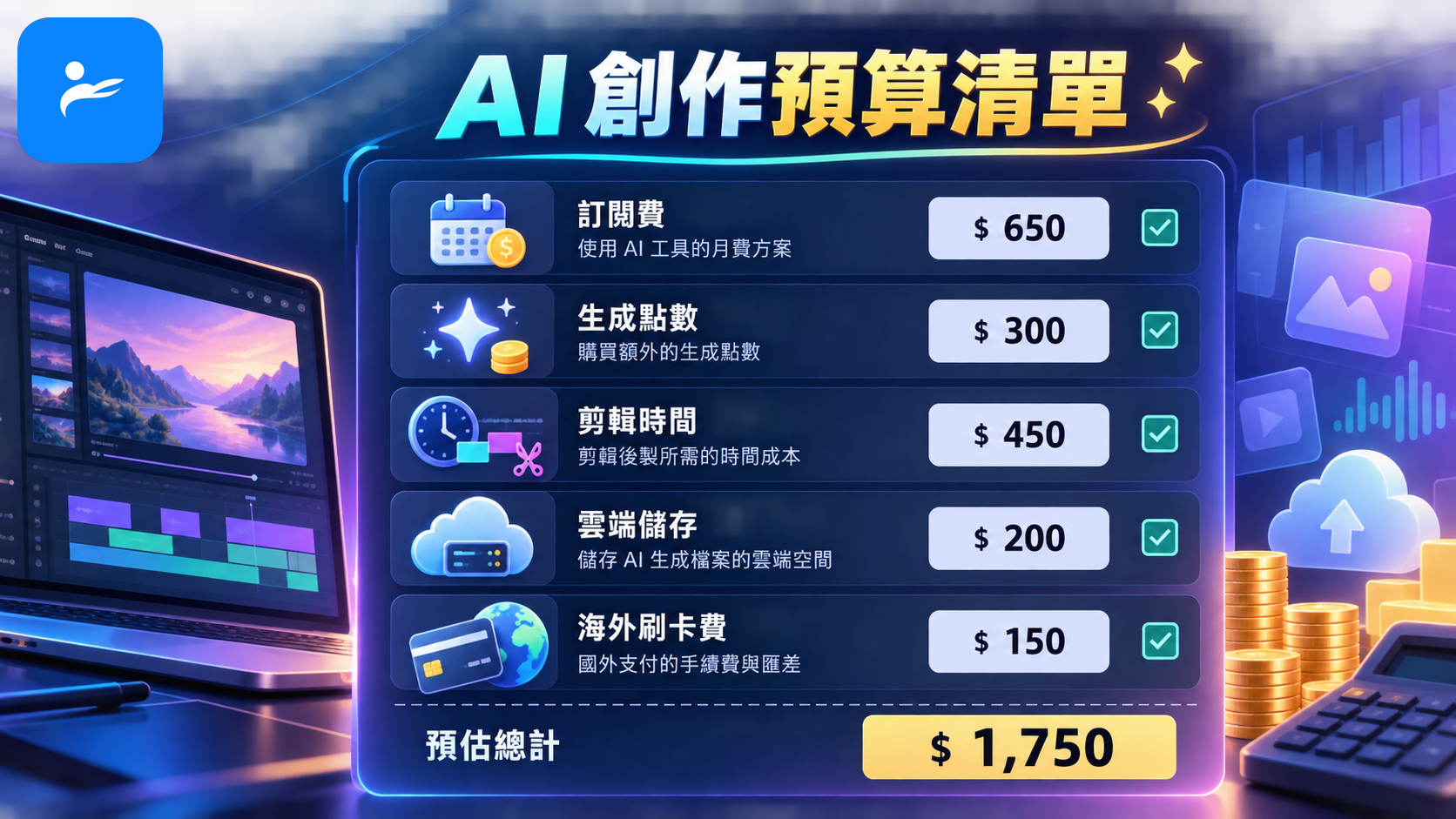 AI 創作預算清單,包含訂閱費、生成點數、剪輯時間、雲端儲存與海外刷卡費