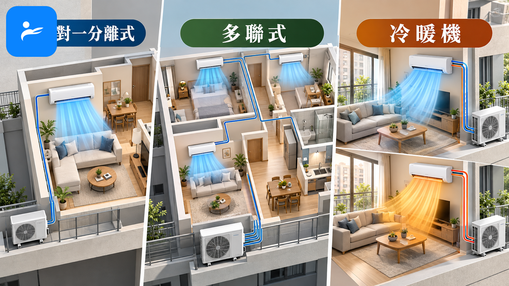 一對一分離式、多聯式冷氣與冷暖機的住宅配置比較圖