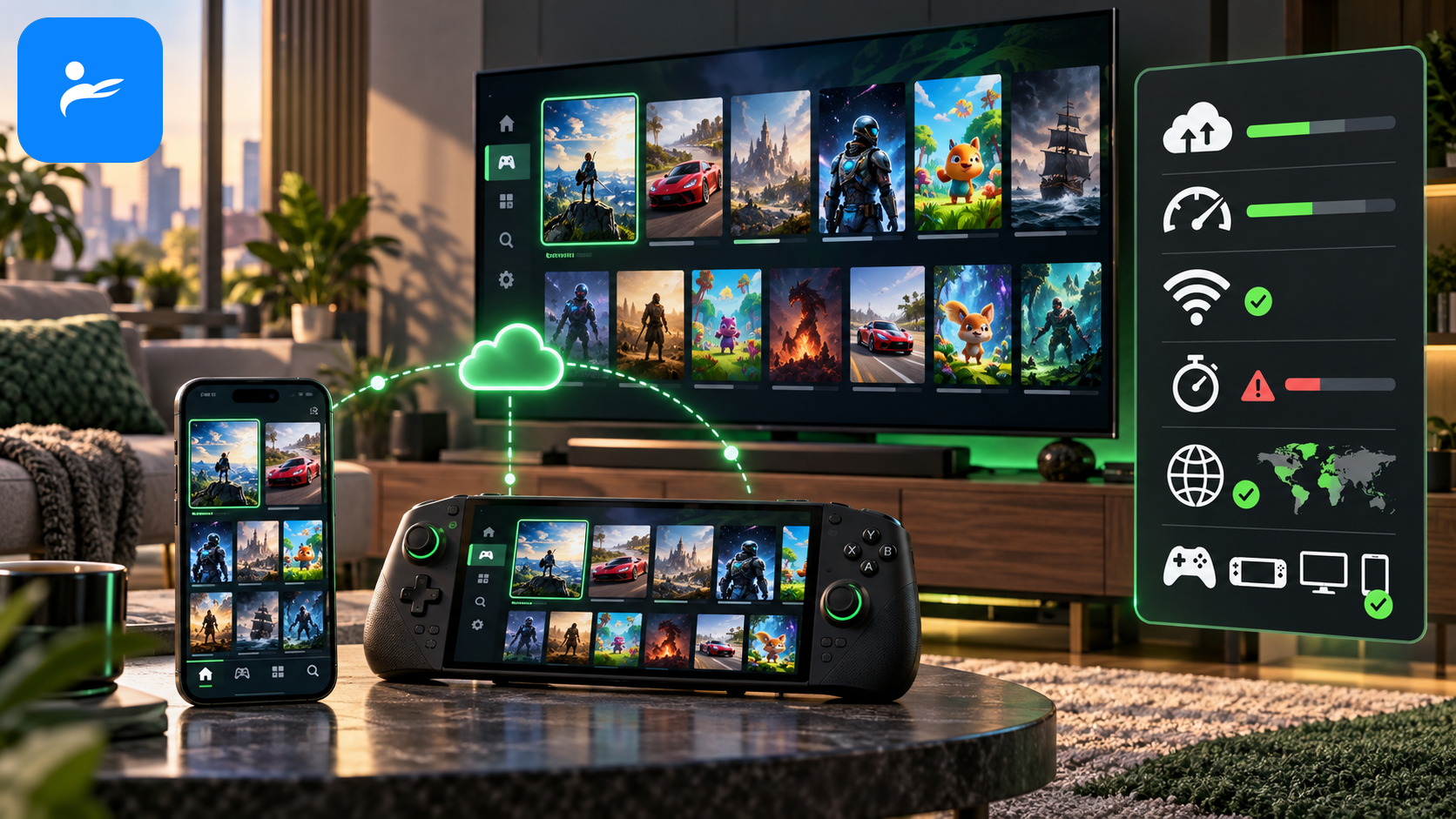 Xbox Game Pass 遊戲庫在電視、手機與掌機上同步顯示,旁邊標示雲端串流限制