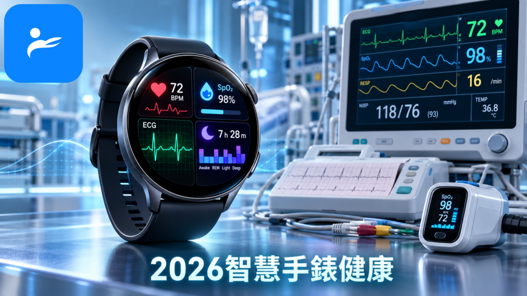 智慧手錶畫面並列顯示心率、血氧、心電圖與睡眠數據,旁邊放置醫院專業儀器作為對照