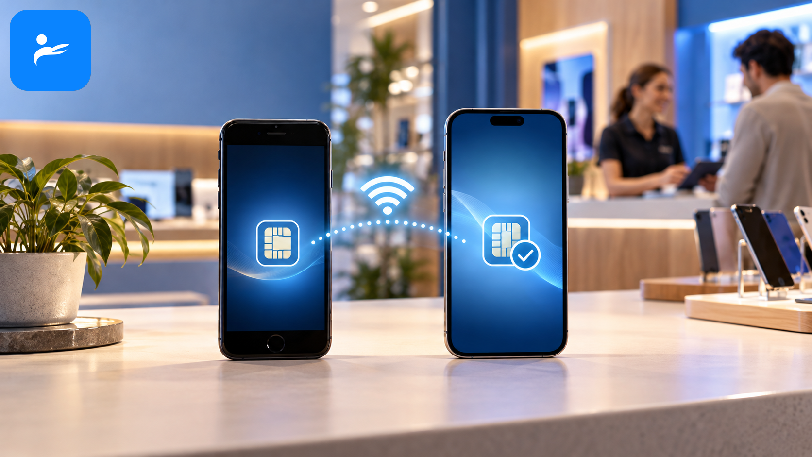 新舊兩支手機並排，使用 Wi-Fi、身分驗證與電信門市完成 eSIM 換機流程