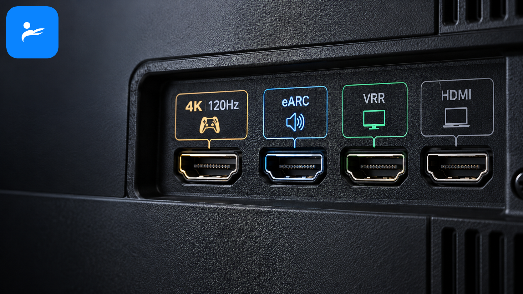 電視背面四個 HDMI 端子特寫，標示 4K 120Hz、eARC、VRR 與一般 HDMI 的差異