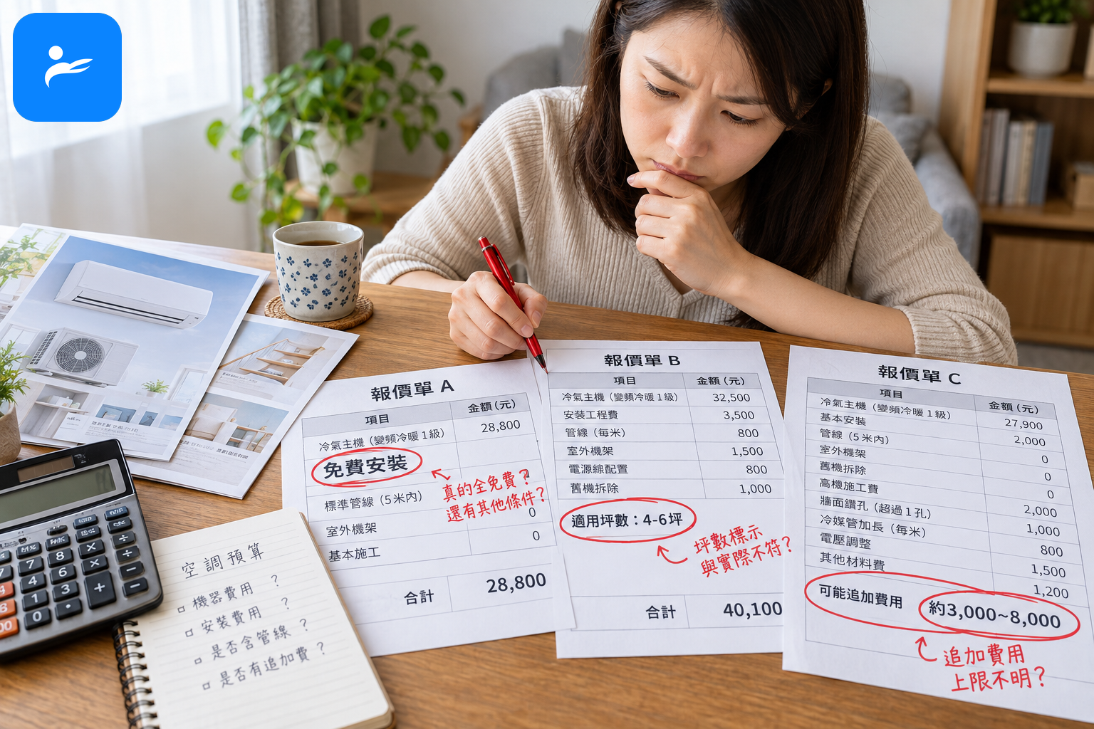 消費者比較冷氣報價單,圈出免費安裝、坪數標示與追加費用等陷阱
