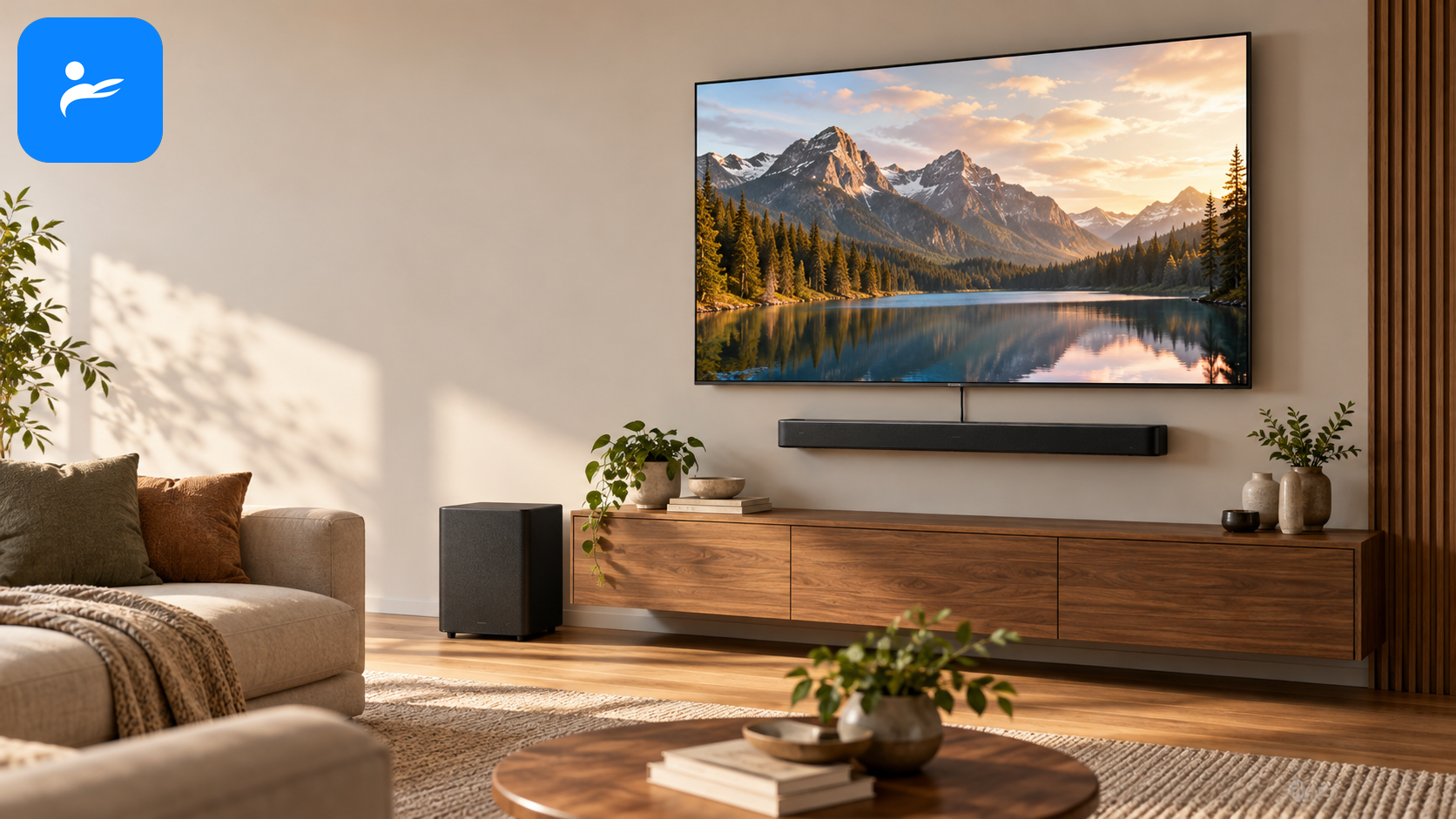 Soundbar 安裝在電視下方,以單條 HDMI 線連接並搭配無線重低音的現代客廳