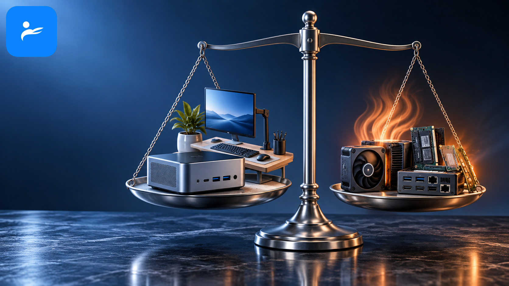 天平兩側分別放置 Mini PC 的省空間優點與散熱擴充限制