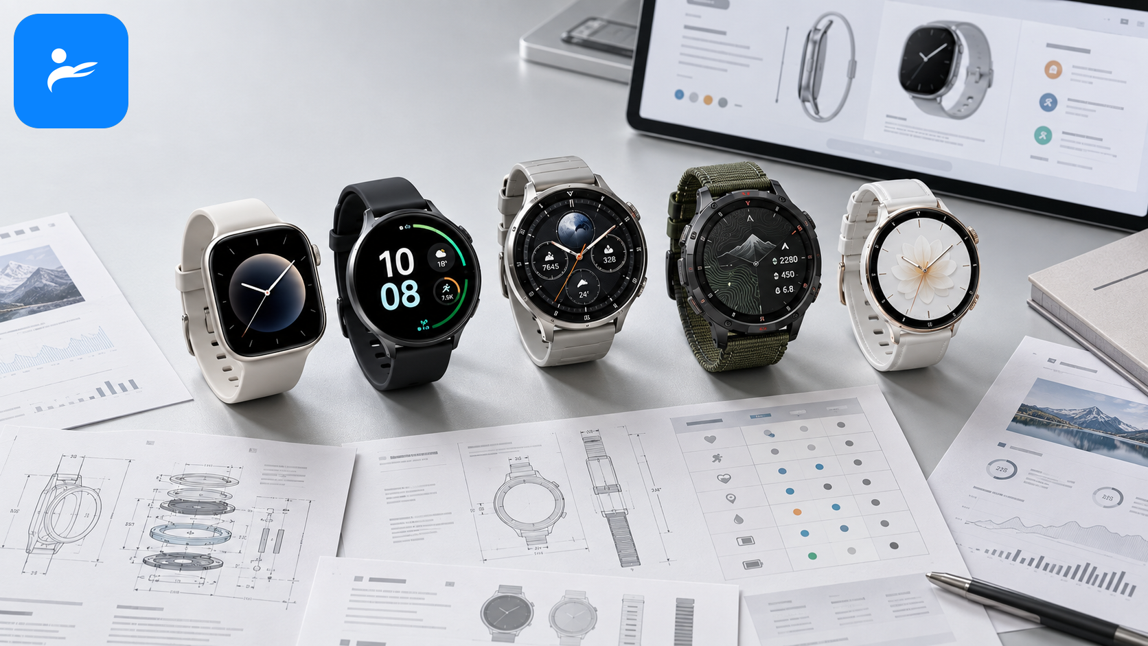 Apple、Google、Samsung、Garmin 與 HUAWEI 官方網站圖示及智慧手錶規格文件