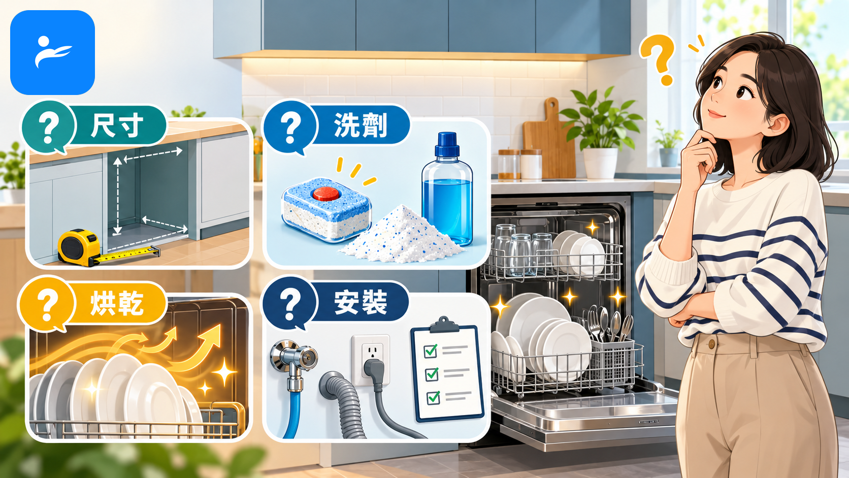 消費者查看洗碗機尺寸、洗劑、烘乾及安裝問題的圖解問答