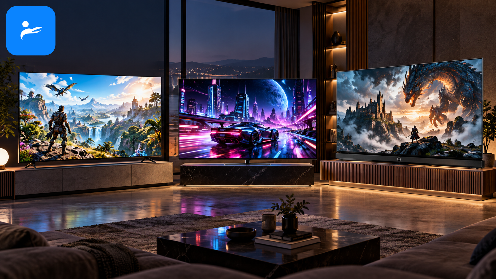 三台不同價位 55 吋遊戲電視排列，分別代表入門 Mini LED、中階 OLED 與高階影音機種