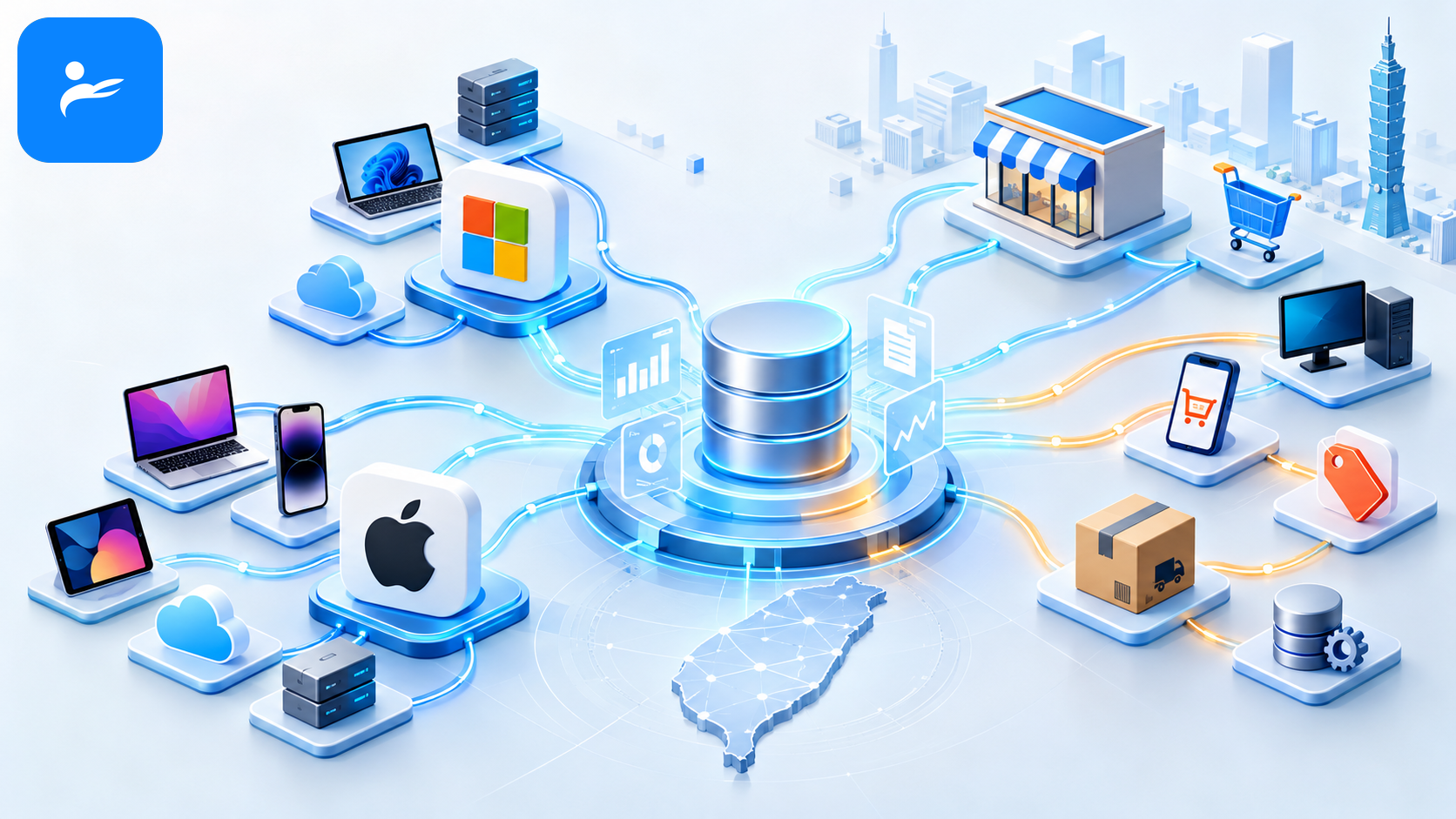Microsoft、Apple與台灣主要3C購物通路的資料來源圖示整理