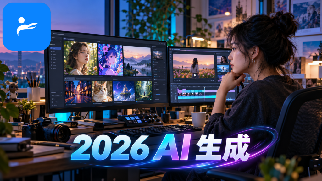 創作者在電腦前比較多款 AI 圖片與影片生成工具介面，畫面包含照片、插畫及短影片
