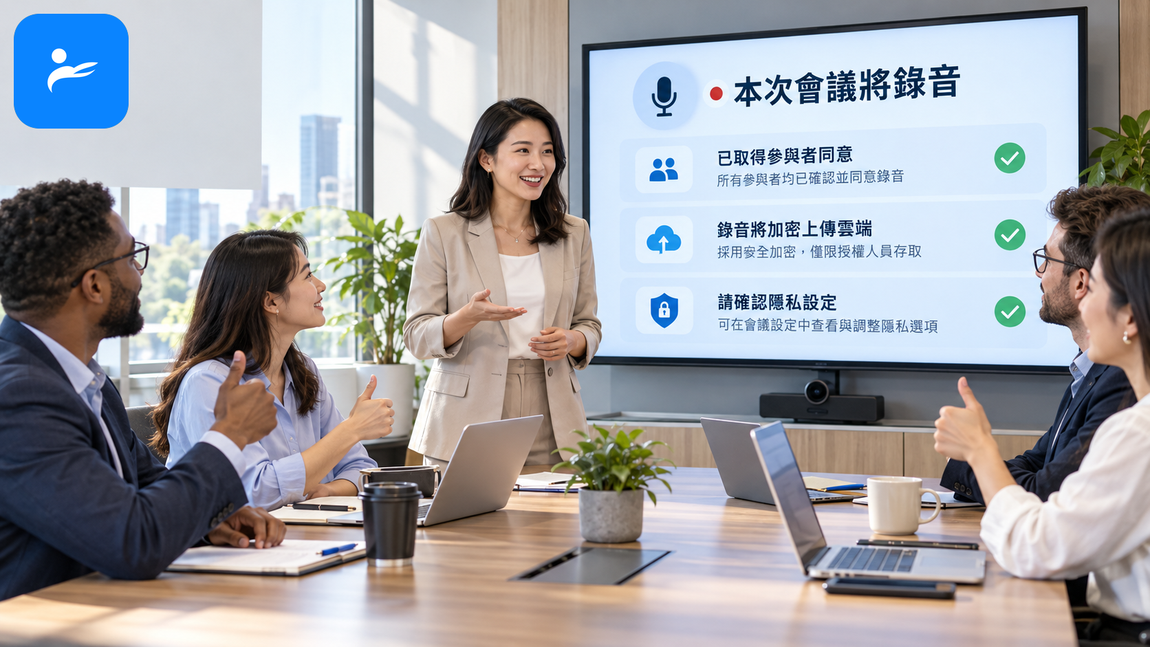 會議開始前主持人告知錄音並取得參與者同意,畫面顯示隱私與雲端上傳提醒