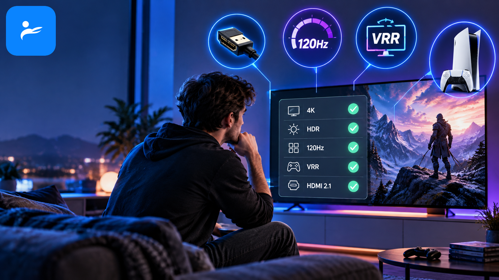 遊戲玩家查看電視規格表，周圍排列 HDMI、120Hz、VRR 與 PS5 圖示