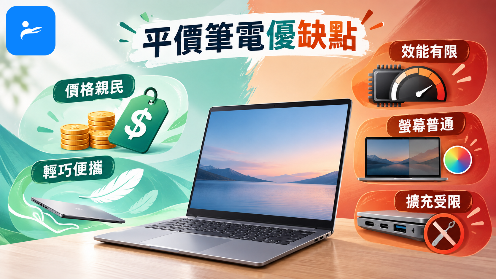平價筆電的價格輕巧優點與效能螢幕擴充缺點對照圖