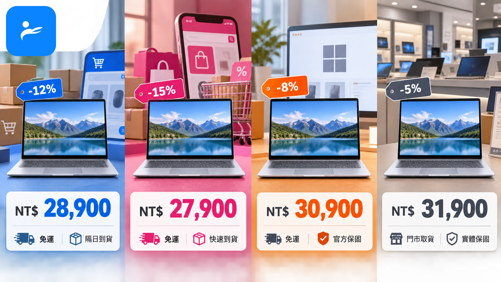 台灣PChome、momo、微軟商城與實體3C門市的筆電售價比較畫面