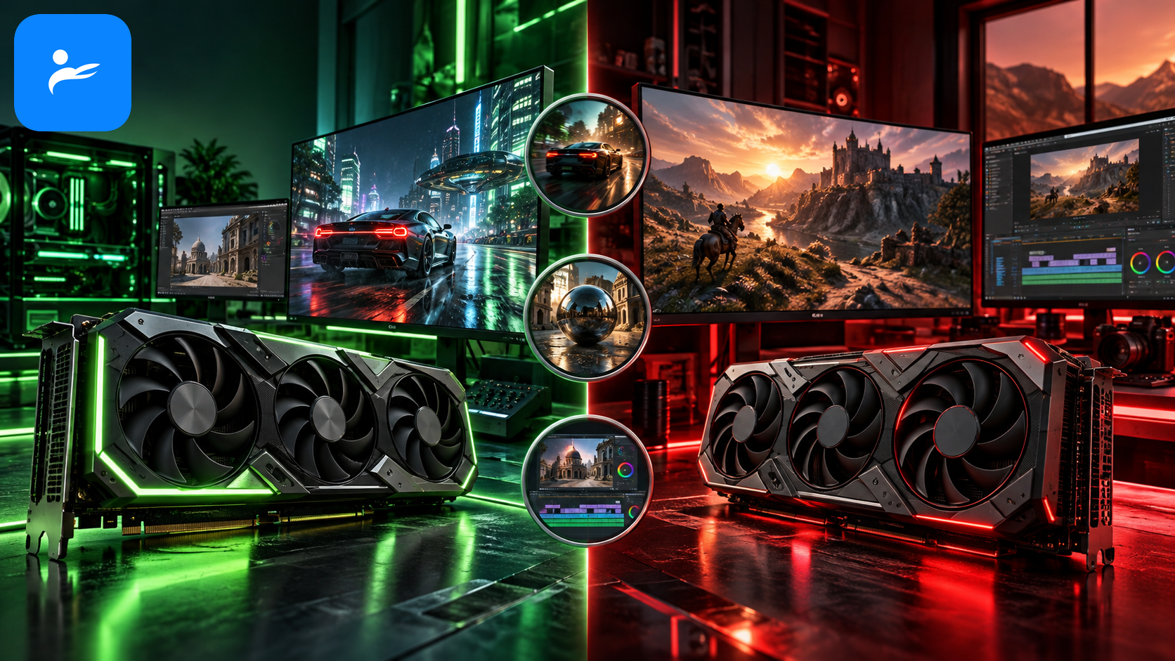 NVIDIA GeForce RTX 與 AMD Radeon 顯示卡左右比較,呈現遊戲、光線追蹤與創作軟體差異