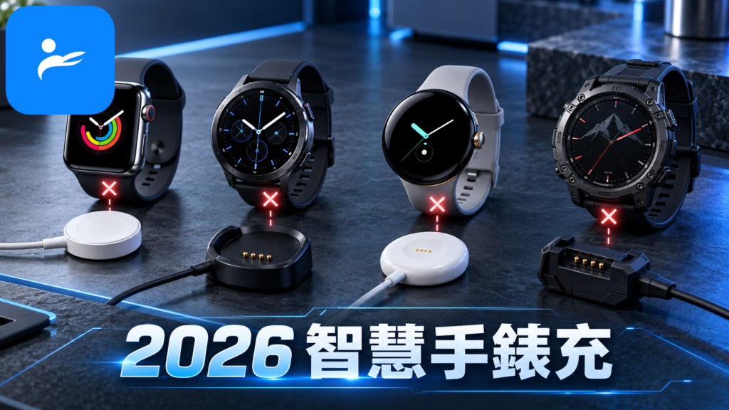 Apple Watch、Galaxy Watch、Pixel Watch 與 Garmin 手錶旁各自放著不同接點的充電器，呈現彼此不通用