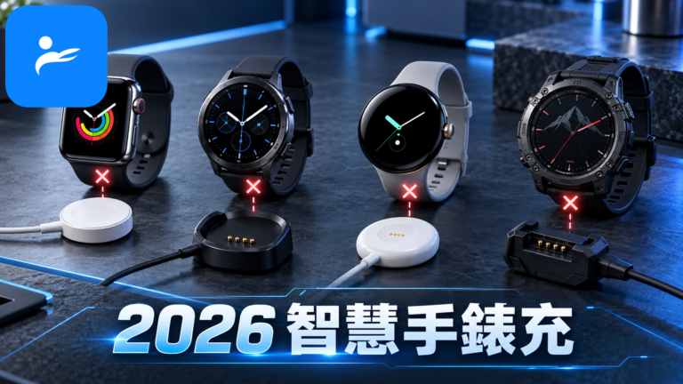 Apple Watch、Galaxy Watch、Pixel Watch 與 Garmin 手錶旁各自放著不同接點的充電器，呈現彼此不通用