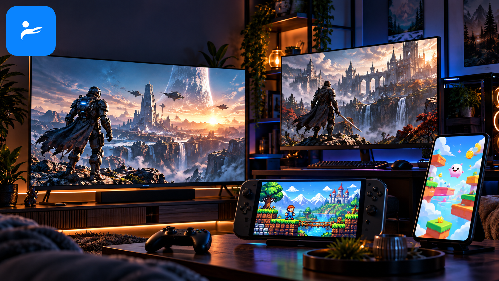 四個螢幕分別呈現 Xbox 大作、PlayStation 遊戲、任天堂懷舊作品與 Apple Arcade 手機遊戲