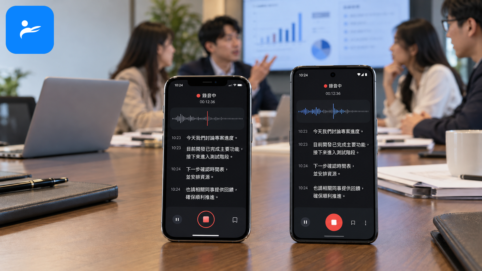 iPhone 與 Google Pixel 手機正在錄製會議,畫面同步顯示繁體中文逐字稿