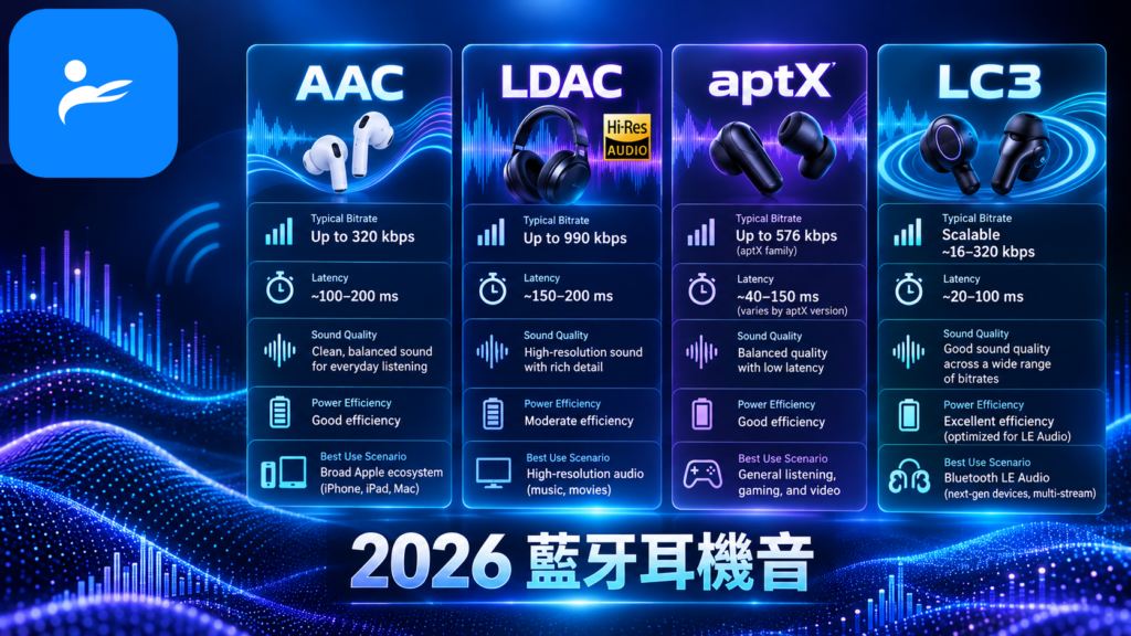 AAC、LDAC、aptX 與 LC3 四種藍牙編碼的規格比較資訊圖