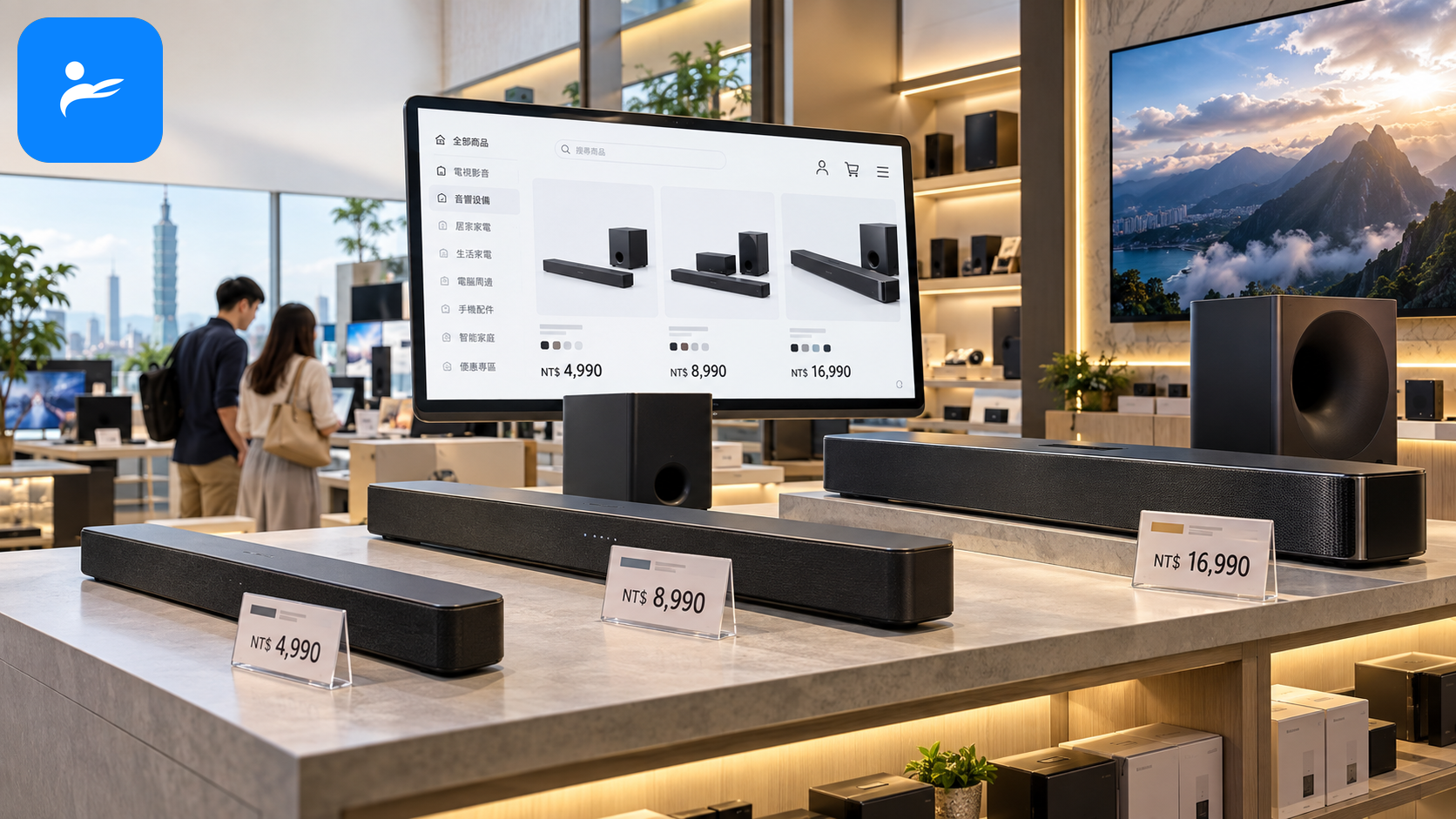 台灣購物網站與實體家電通路陳列不同價位的 Dolby Atmos Soundbar