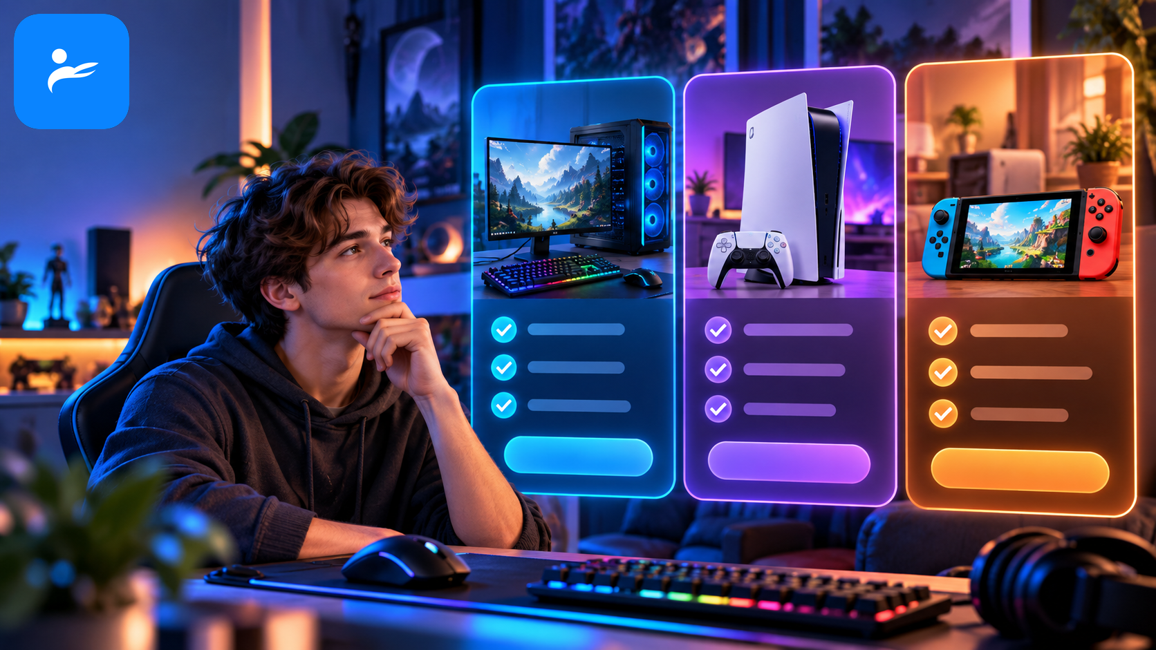 玩家依照PC、PS5與Switch使用情境,在三張訂閱方案卡中做出選擇