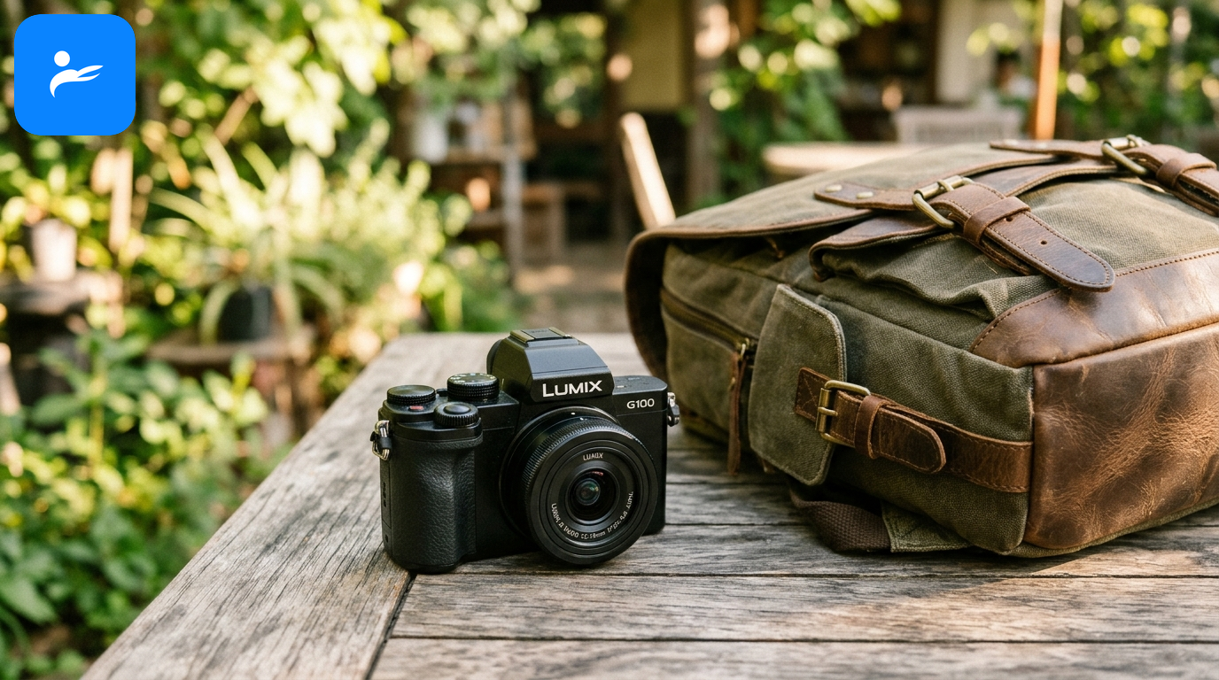 Panasonic G100D 搭配 12-32mm 小型鏡頭，放在旅行背包旁展示輕巧體積