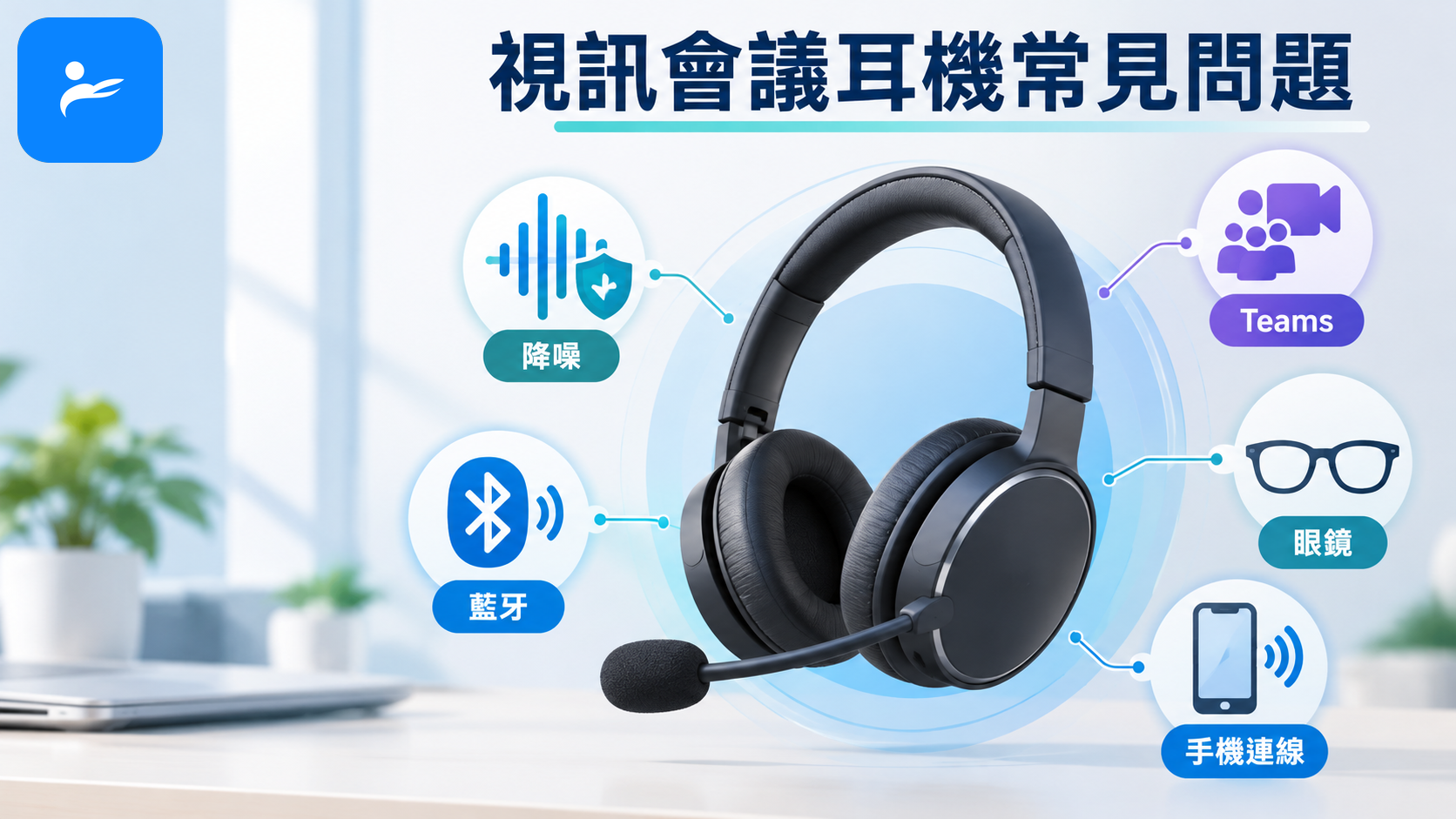 視訊會議耳機常見問題圖卡,包含降噪、藍牙、Teams、眼鏡與手機連線圖示